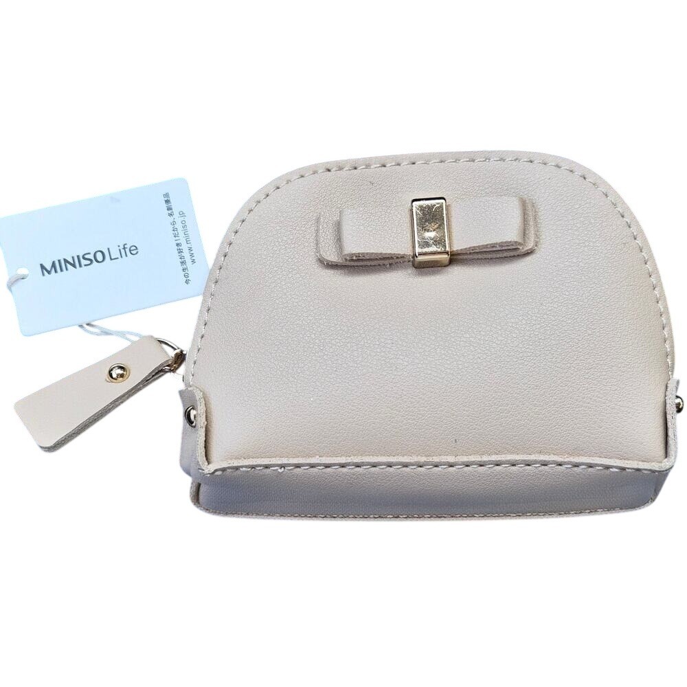 Miniso Shell Coin Purse Beige Bow Accent Gold Tone Hardware PU Leather NWT